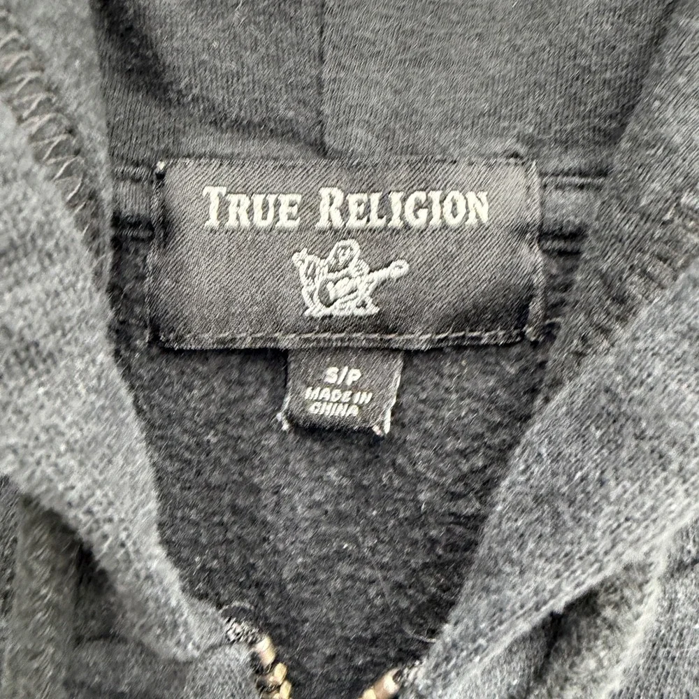 True Religion Mens Black Zip Up Hoodie Horseshoe‎ Logo Tape Sleeve Sweatshirt S